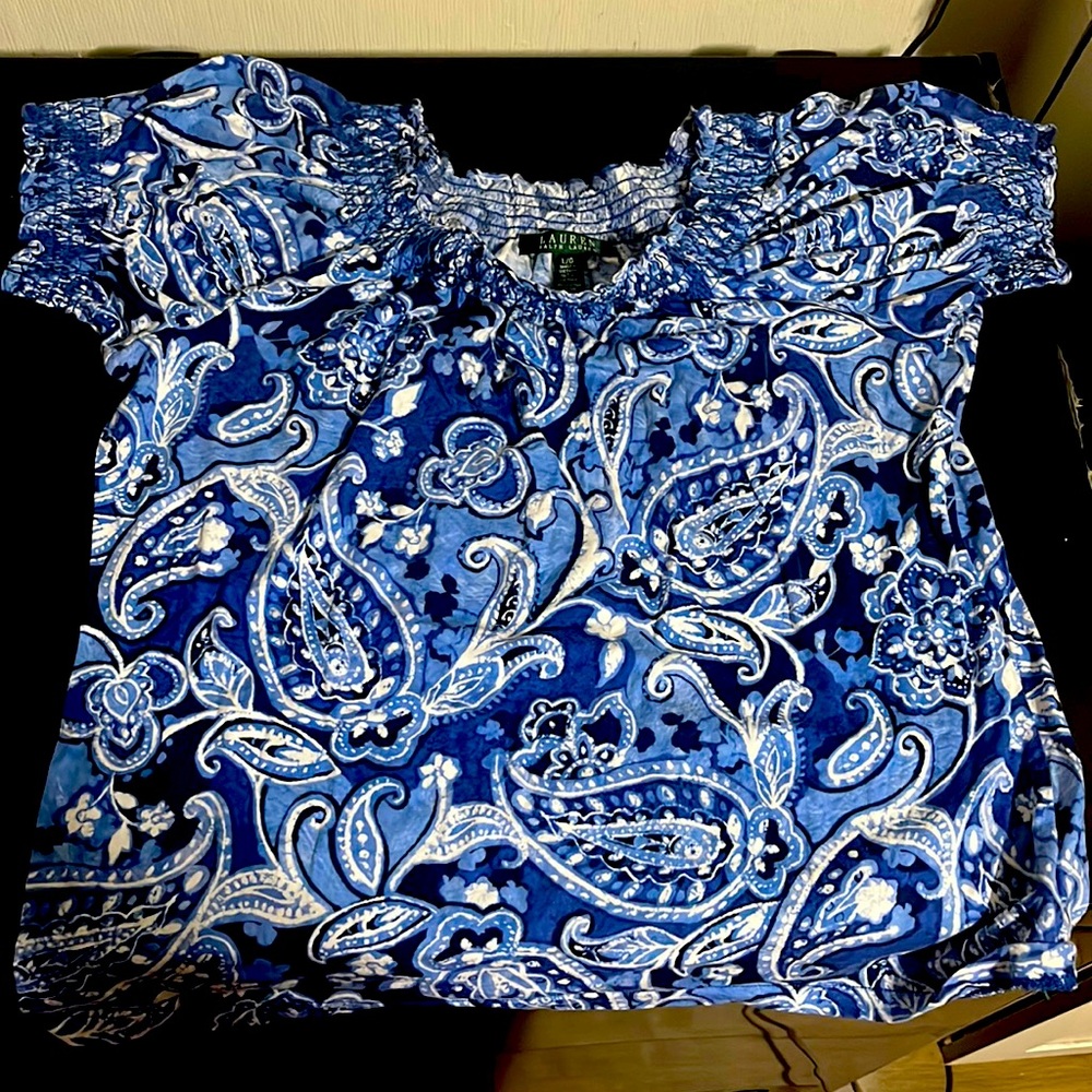 Ralph Lauren petite paisley blue shirt top Medium